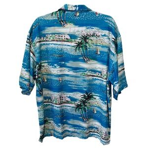 Royale Mens Large Blue Tropical Island Scenic Rayon Aloha Camp Shirt Made in USA